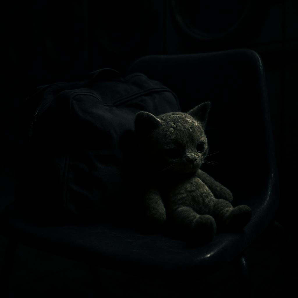 A gray cat is illuminated in a dark room surrounded by a black armchair, aligning with its tone.