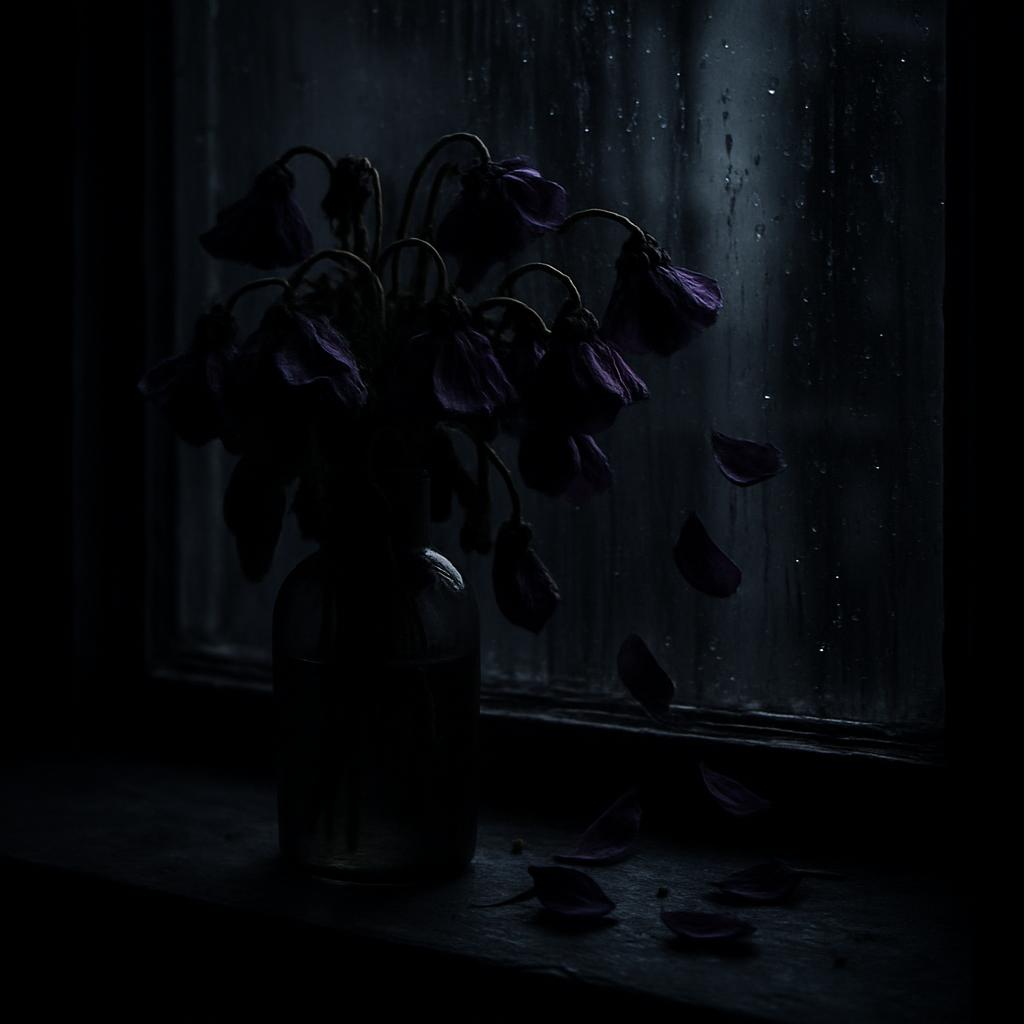 Vase of wilting purple flowers in front of a window.