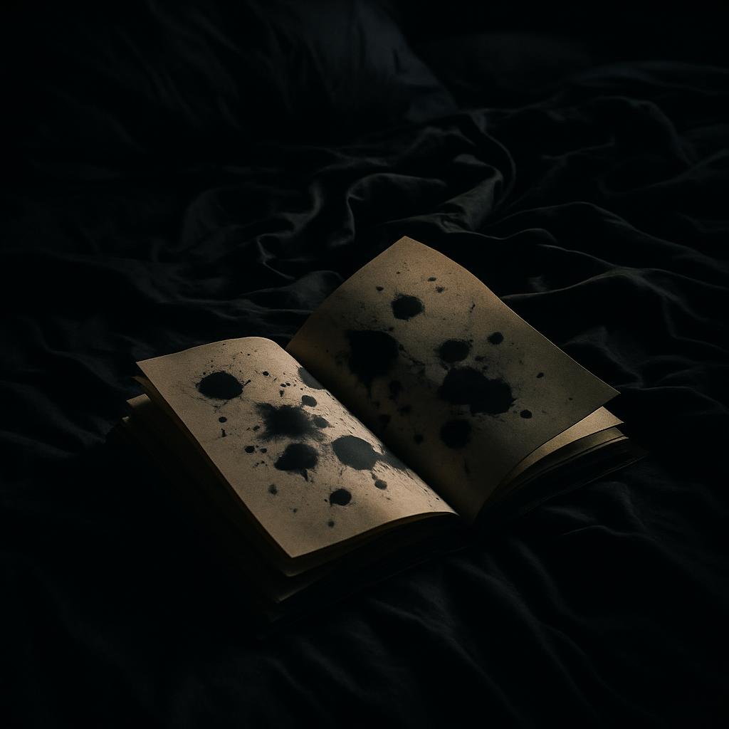 The image features an open, stained book sitting in a blanket of black fabric under low light.