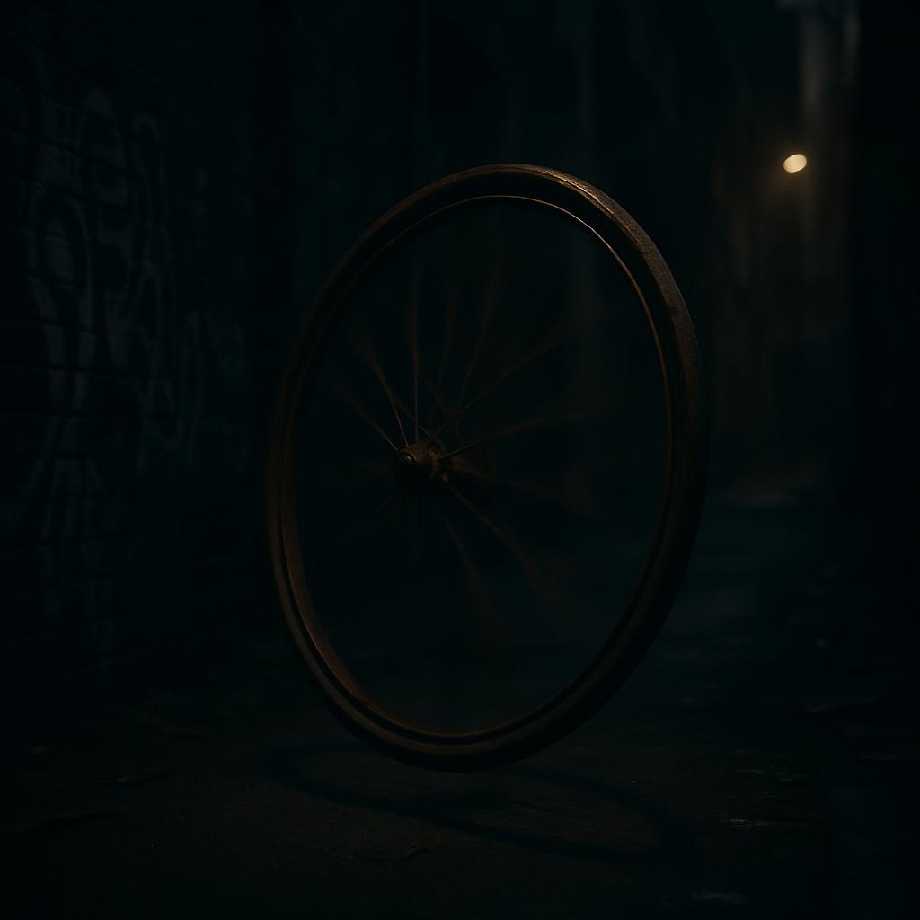 A large, sinister-looking wreath sits in the night. -old, cracked, rusty flower wreath -large metal hanger, holding a whit...